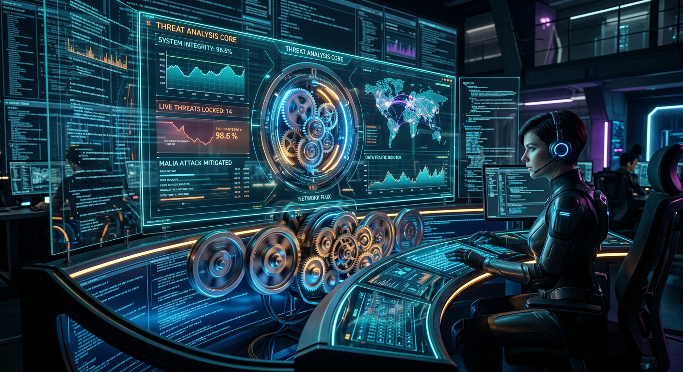 Security analyst monitoring continuous penetration testing results on a multi-screen cyber defense dashboard for trust center and vendor security reporting