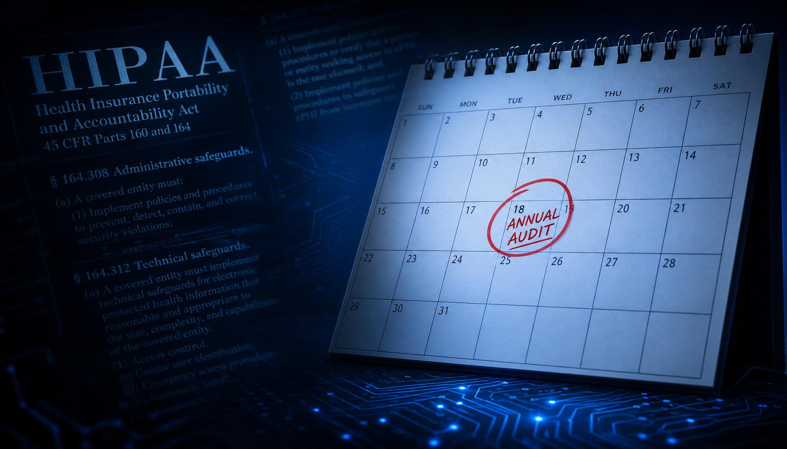 HIPAA regulatory text beside a calendar with an annual audit date circled in red