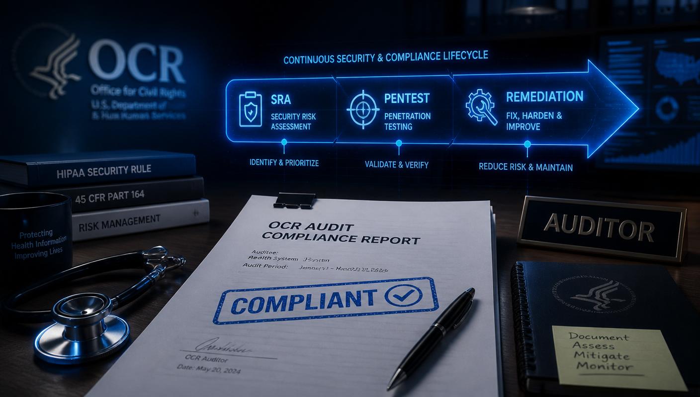 OCR Audit Compliance Report stamped COMPLIANT next to a lifecycle diagram of SRA, Pentest, and Remediation