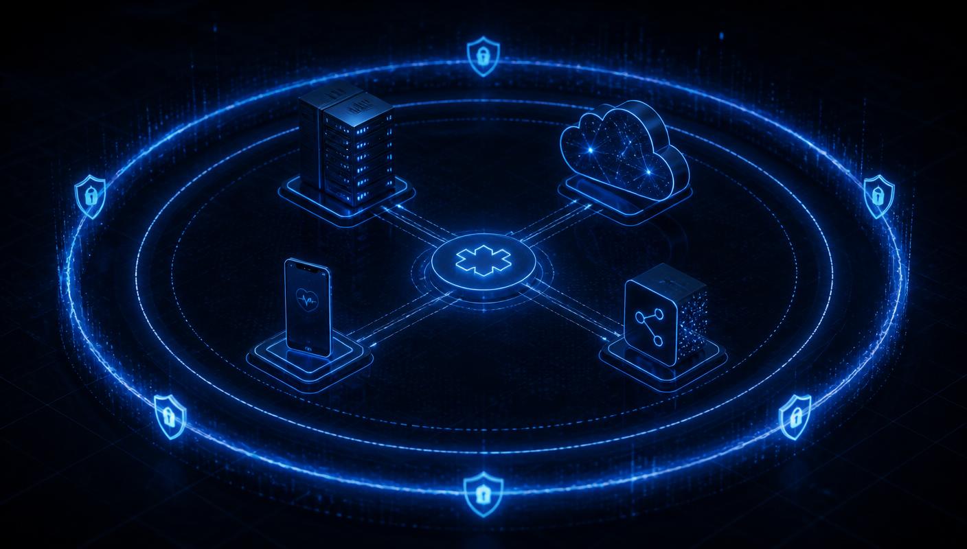 Diagram of the ePHI boundary in a HIPAA penetration test: servers, cloud, mobile apps, and APIs inside a secure perimeter