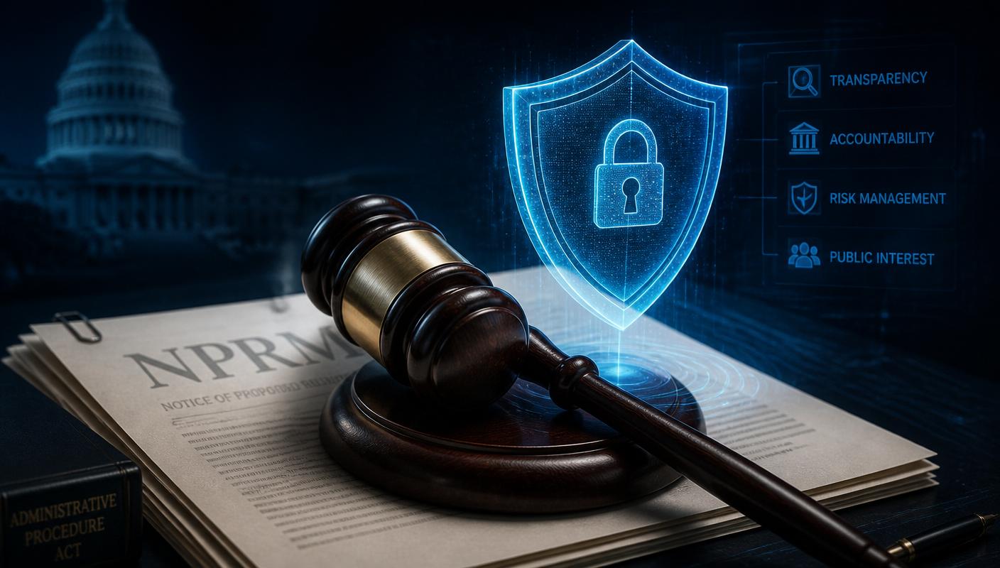 Gavel resting on the HIPAA Security Rule NPRM with a glowing shield representing accountability and risk management
