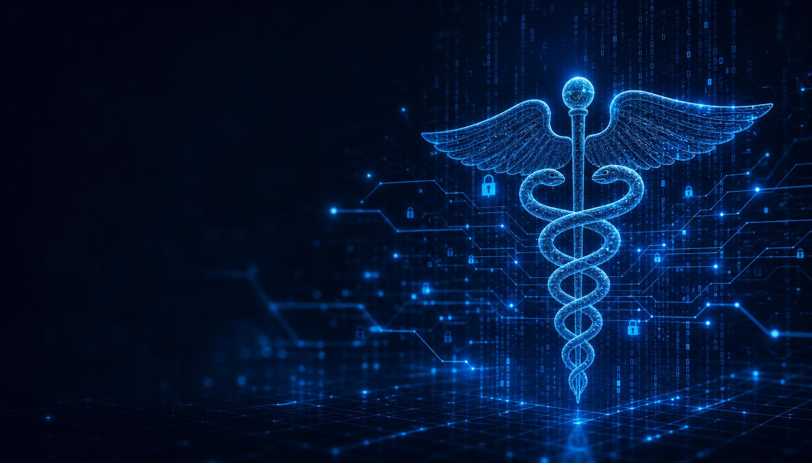 HIPAA penetration testing illustration: glowing caduceus over an encrypted circuit network representing ePHI security