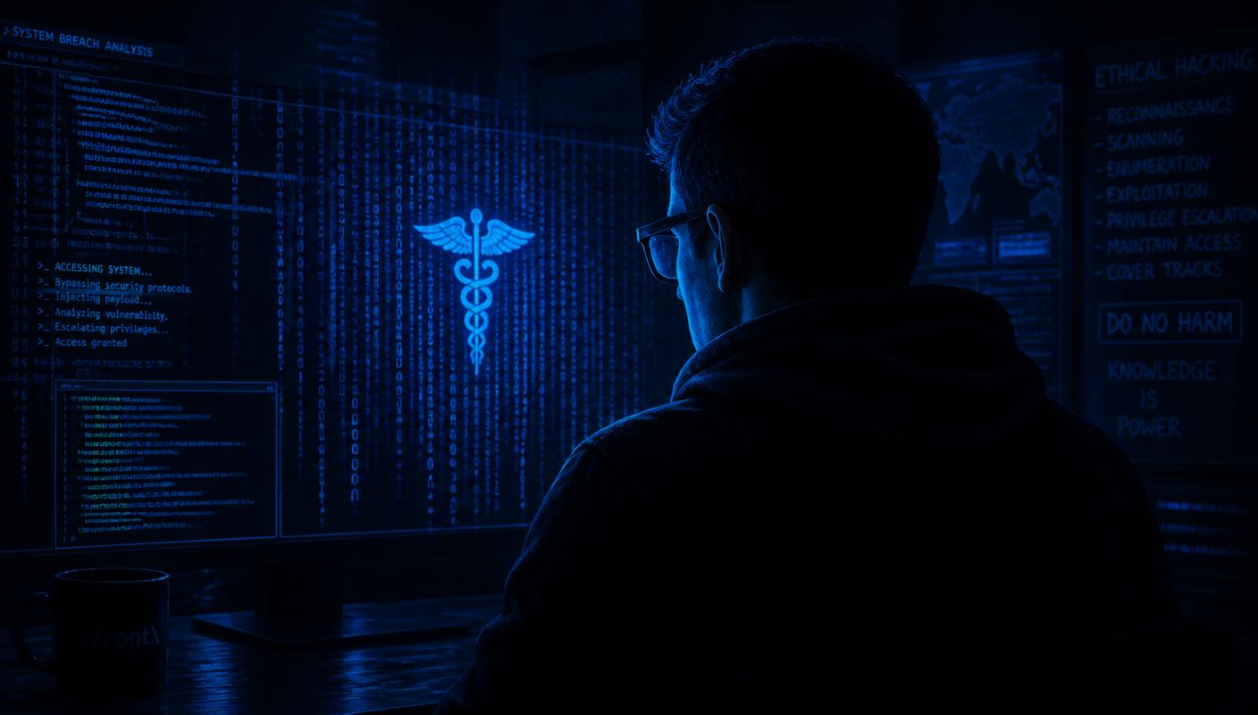 Ethical hacker reviewing exploit output with a glowing medical caduceus overlay, representing HIPAA penetration testing