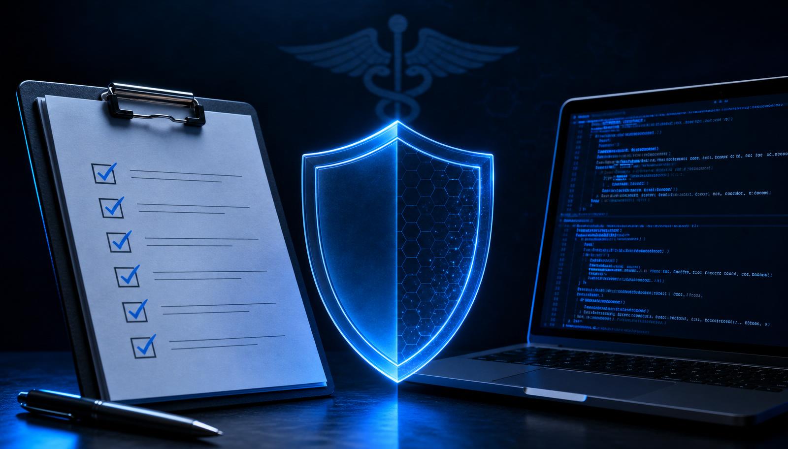 Risk assessment clipboard, laptop with exploit code, and a glowing blue shield with a medical caduceus watermark