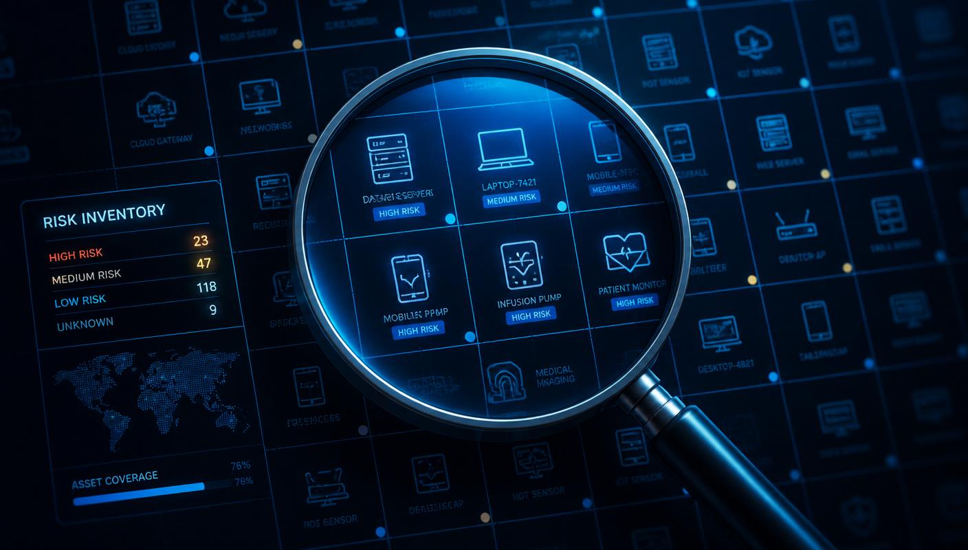 Magnifying glass over an inventory of servers, laptops, mobile devices, infusion pumps, and patient monitors with a risk-inventory sidebar