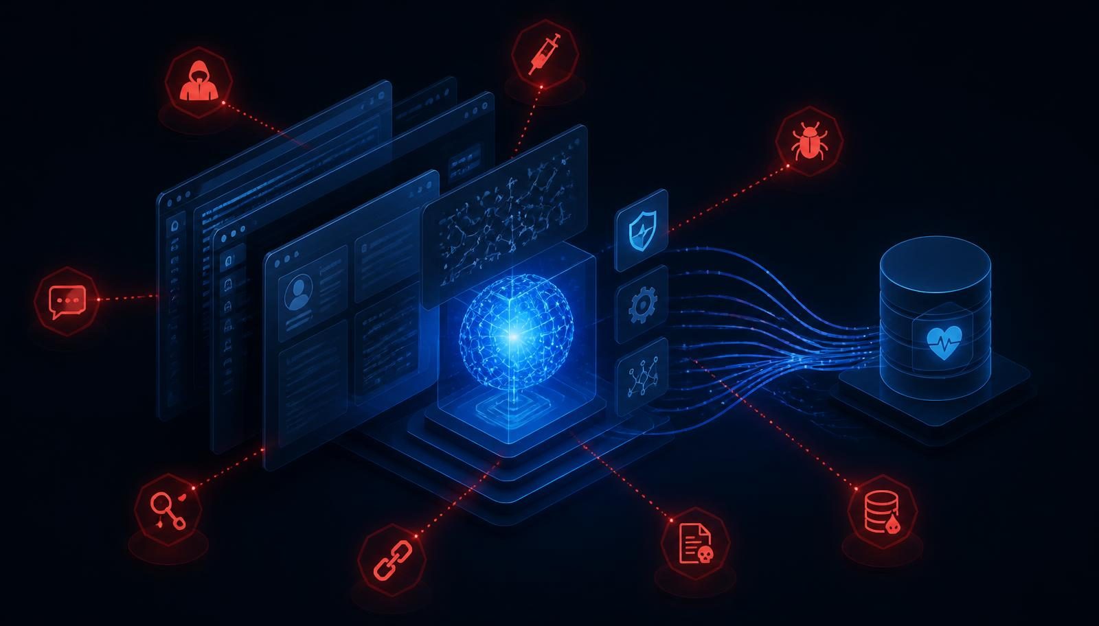 Visualization of the attack surface for connected clinical software including web, API, model, and health record data flows