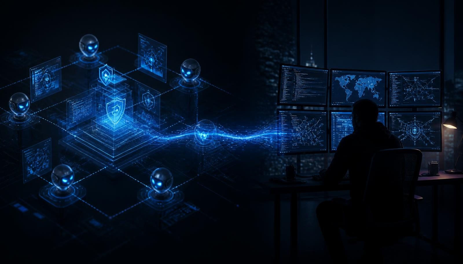 Hybrid penetration testing workflow with AI agents mapping the attack surface and a senior tester validating exploits