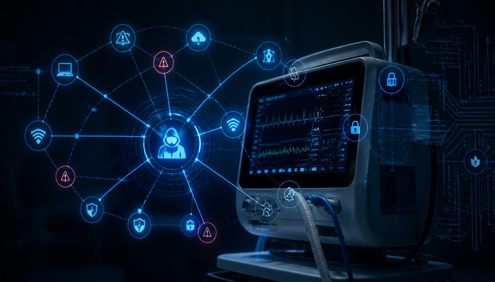 Medical device patient monitor with a holographic threat model overlay showing attack paths across the connected device system
