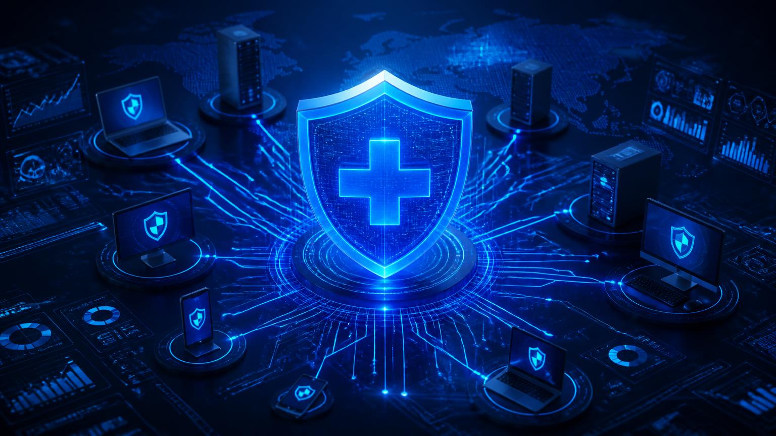 Glowing medical shield at the center of a managed service provider network, representing HIPAA penetration testing for MSPs