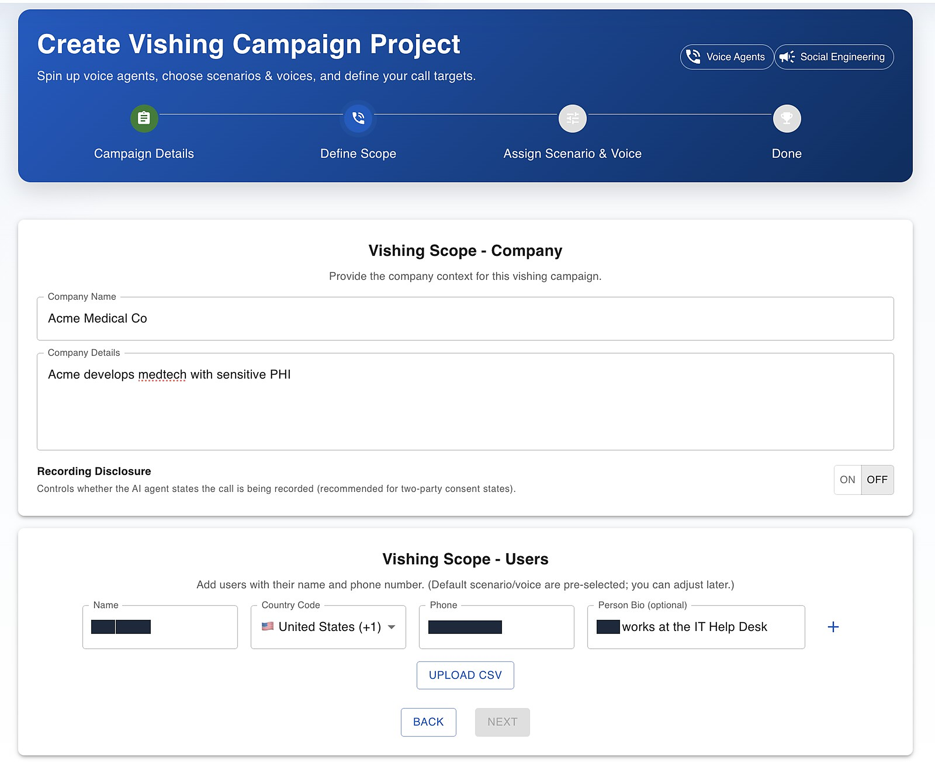 Vishing campaign scoping screen showing company context and redacted target details