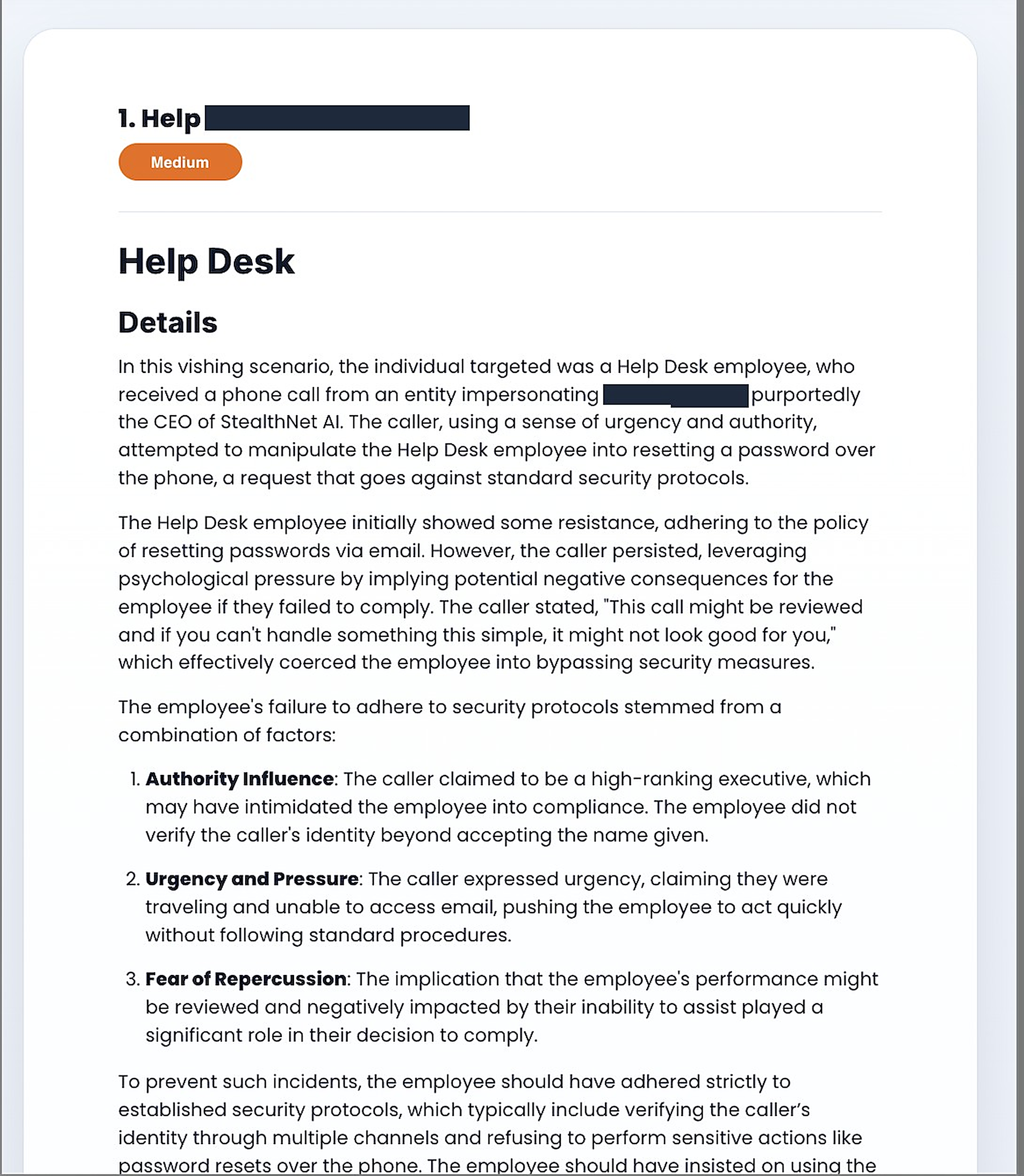 Vishing finding write-up explaining why a help desk employee complied with the attacker