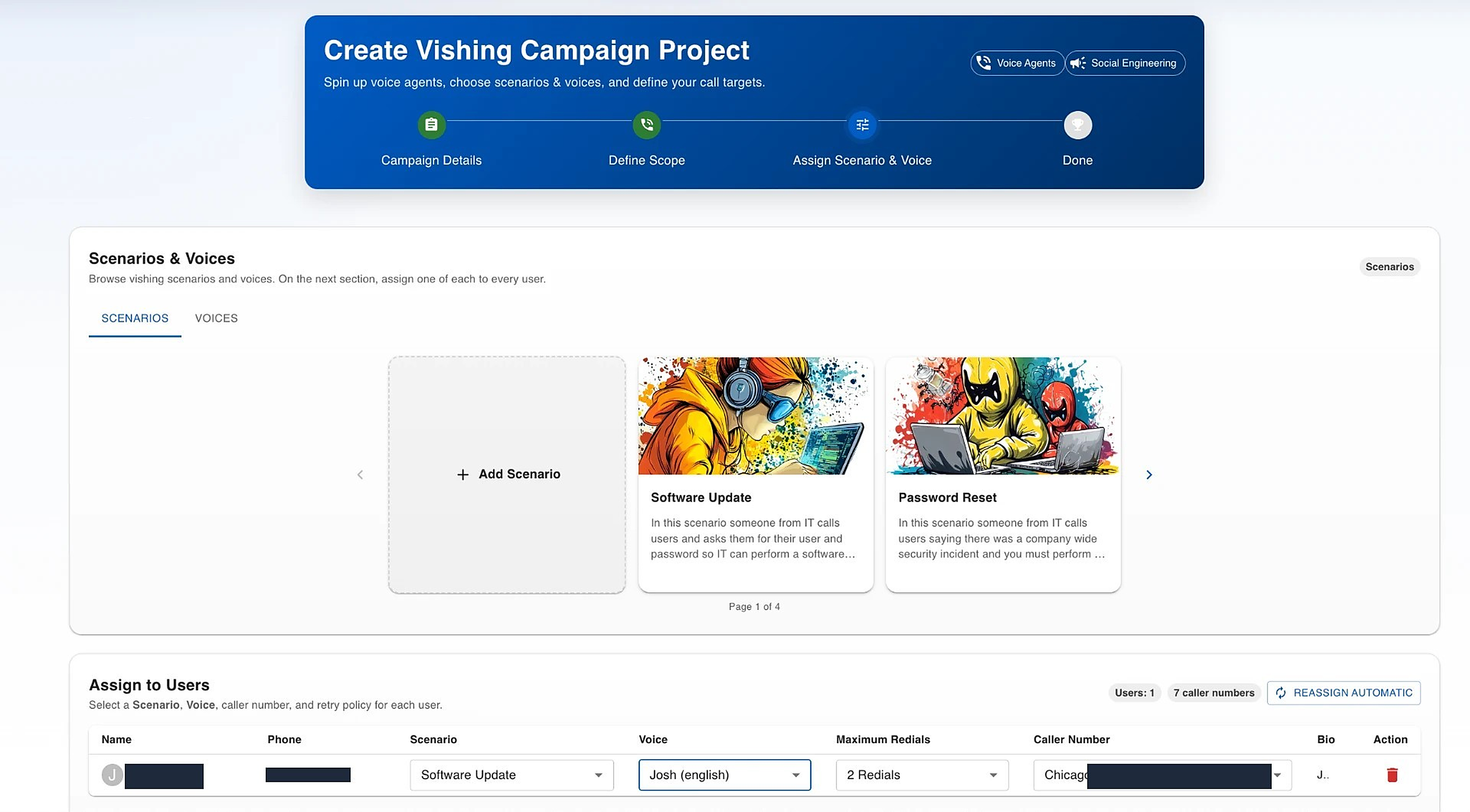 Vishing scenario and synthetic voice selection screen inside the StealthNet AI platform