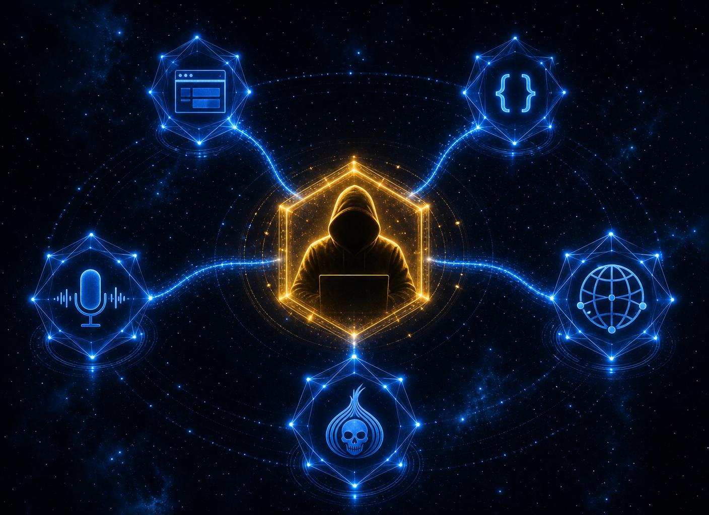 StealthNet senior tester at the center surrounded by five proprietary AI agents: Web App, API, External Network, Vishing, and Dark Web