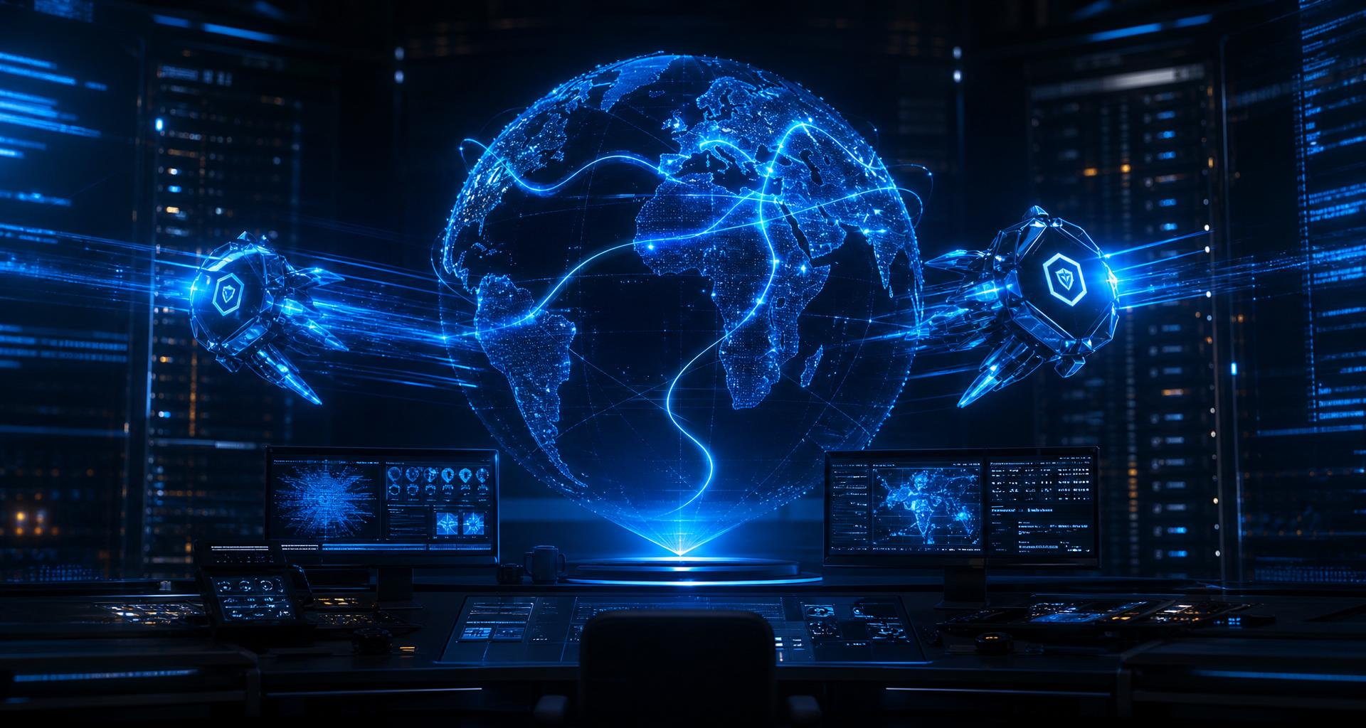 Cyber operations control room visualization of an automated penetration testing pipeline with five glowing stages from scope to report