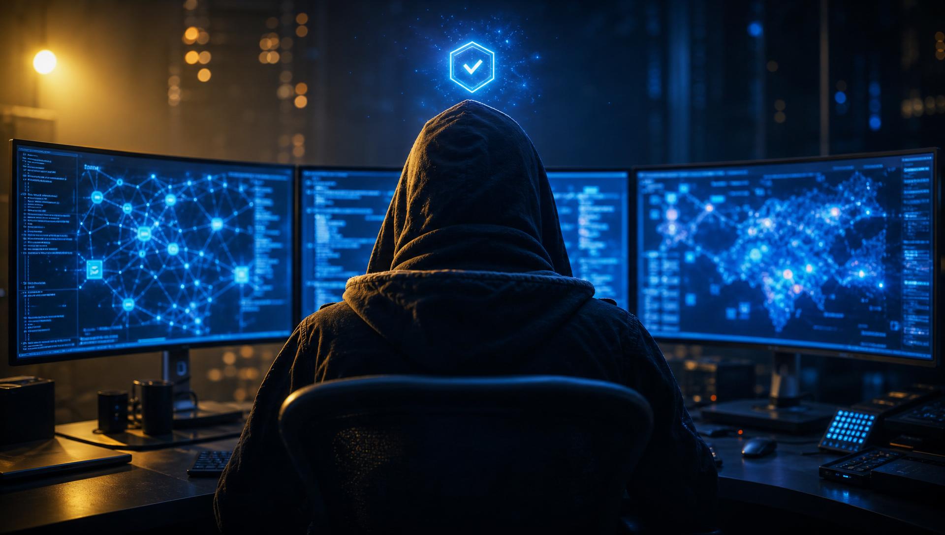 Senior penetration tester reviewing AI agent output across three monitors in a dim operations room