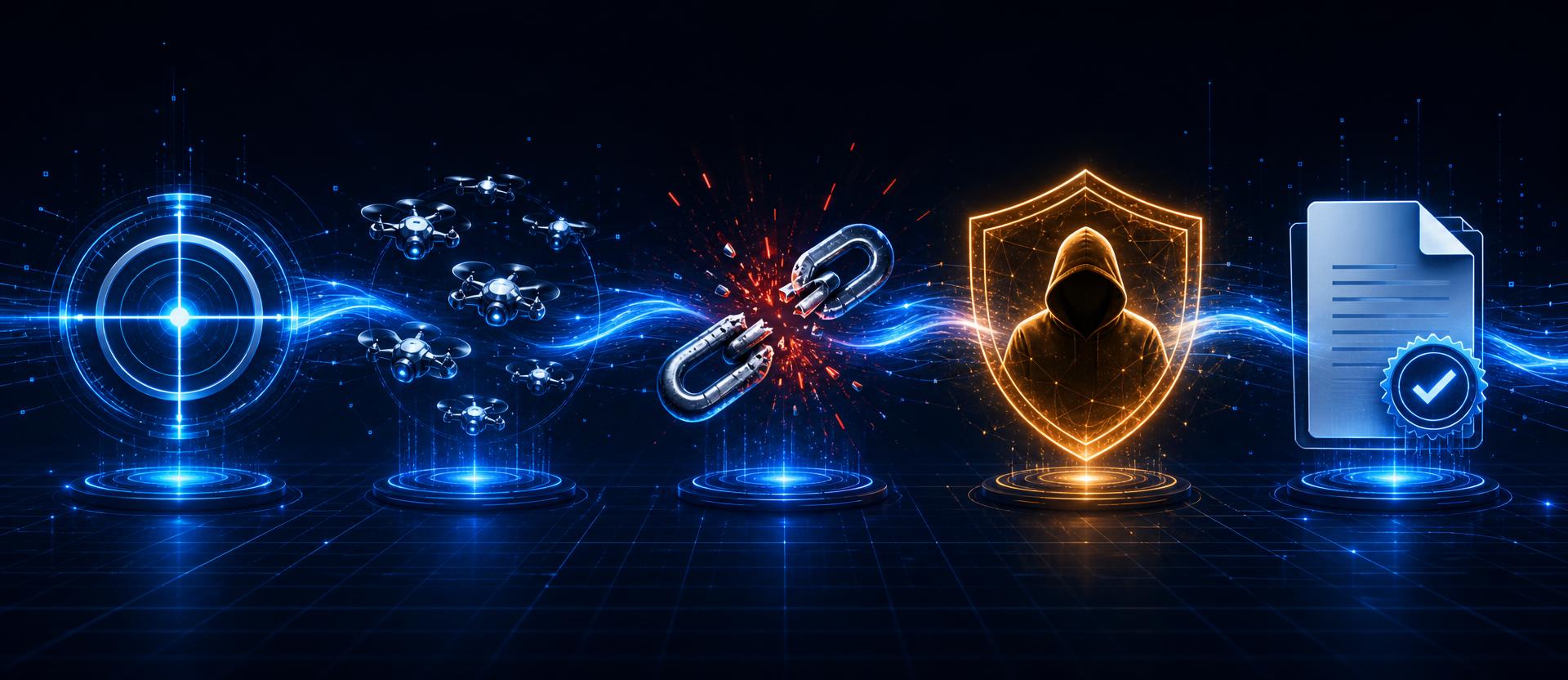 Five-stage automated penetration testing pipeline: scope, AI agent enumeration, exploit and chain, senior tester validation, audit-ready report